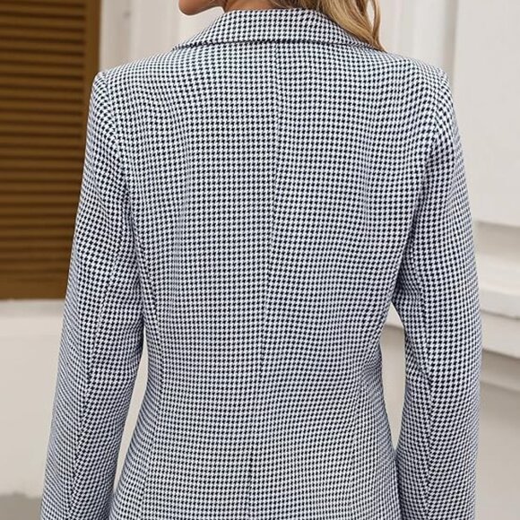 Women's Lapel Collar Plaid 2 Button Blazer Suit Black Houndstooth Work Office - Picture 3 of 5